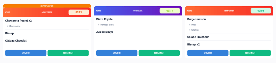 Écran cuisine DIAYMA : la commande #B042 — burger maison, salade fraîcheur et deux bissap — vient d'arriver, minuteur à 8 secondes, à côté de deux commandes déjà en préparation.