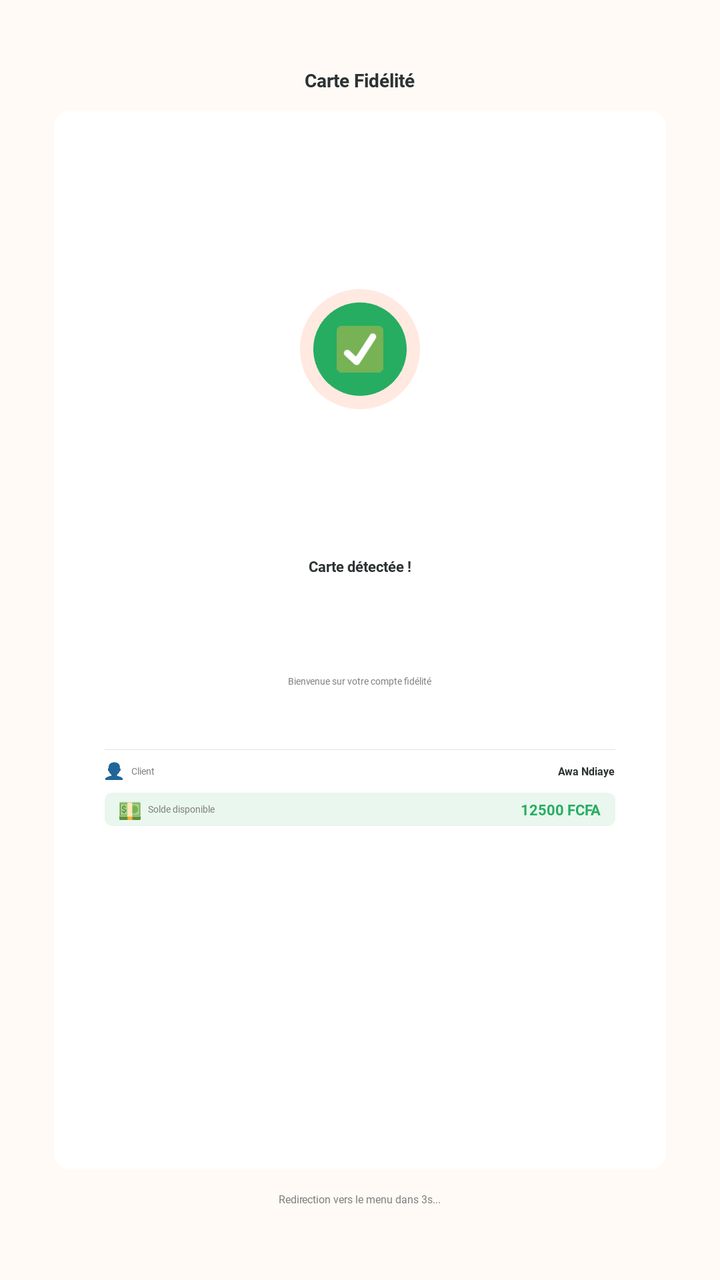 Écran de la borne DIAYMA après lecture d'une carte de fidélité NFC : « Carte détectée », client Awa Ndiaye, solde disponible de 12 500 FCFA.